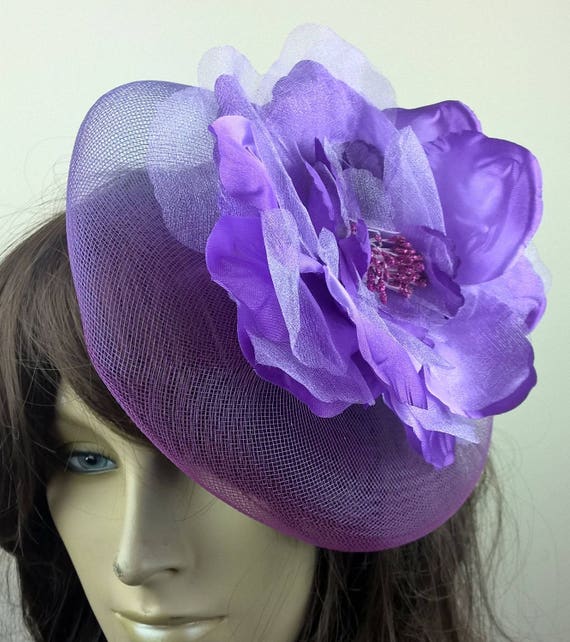 purple satin flower crin netting fascinator millinery burlesque hair clip hen party bridal ascot race fancy dress british