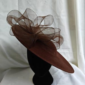 May include: A dark brown wide-brimmed hat featuring a structured, flat base and an elaborate, multi-layered arrangement of sheer, dark brown mesh fabric loops that create a voluminous, sculptural effect across the top of the hat.