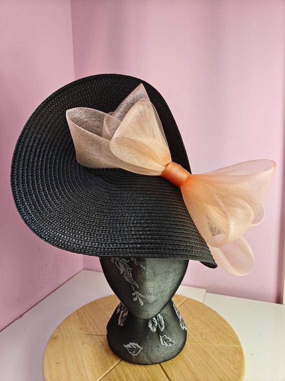 black peach straw crinoline bow fascinator millinery burlesque wedding hat on headband royal ascot party house race cosplay Kentucky derby