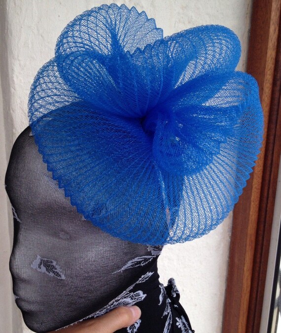 blue feather fascinator millinery burlesque headband wedding hat hair piece