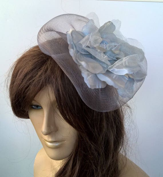 grey satin flower crin netting fascinator millinery burlesque hair clip hen party bridal ascot race fancy dress british