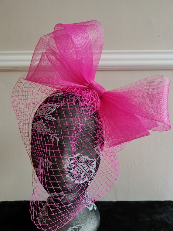 hot dark cerise pink veil veiling crin fascinator millinery burlesque headband wedding hat hair piece
