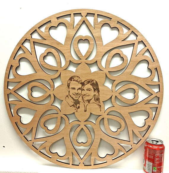 550mm personalised picture photo name message wooden mandala heart pattern round wall door decoration laser cut engraved home art wood sign