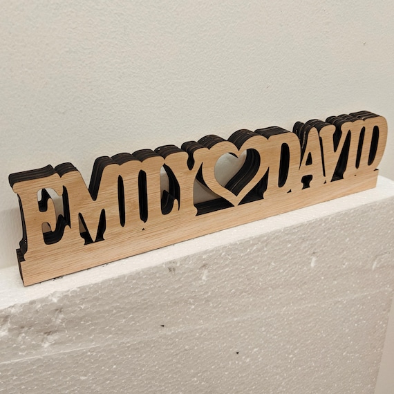 Personalised bespoke love heart laser cut engraved wood name word desk table stand free standing wall door plaque sign logo design service