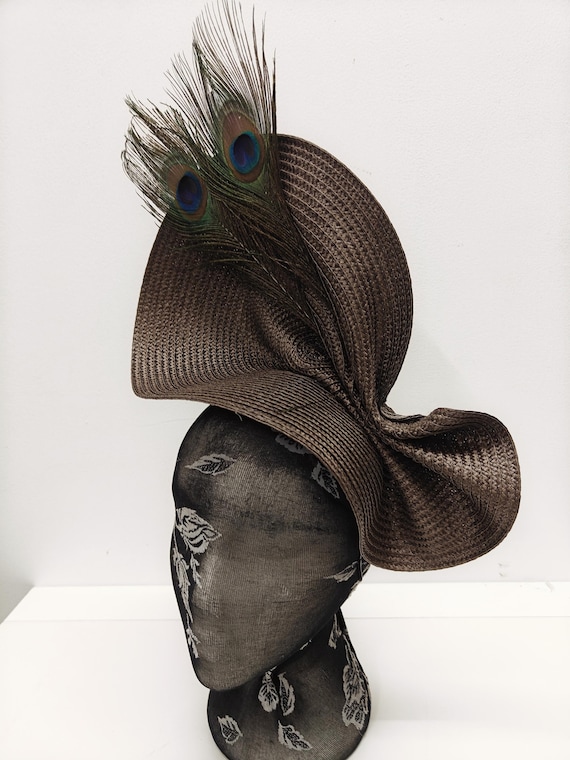 dark brown large straw fascinator millinery burlesque wedding hat on headband ascot party race cosplay handmade unique design