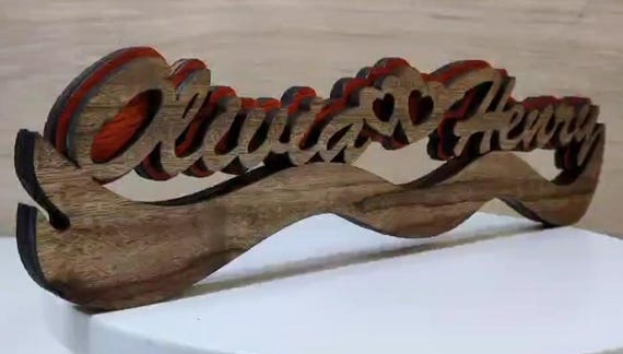 solid wood personalized name love heart letter word sign logo stand plaque personalised gift present wedding valentine anniversary laser cut