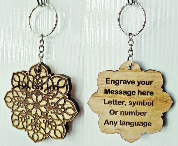 personalised custom made bespoke solid hard wood key chain keyring mandala flower pattern laser cut engraved wenge padauk camphor chinaberry