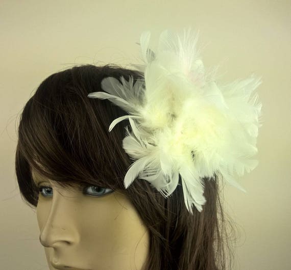 off white ivory feather fascinator millinery burlesque hair clip hen party bridal ascot race fancy dress british