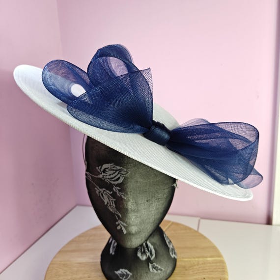 white navy blue large fascinator millinery burlesque wedding hat headband party race cosplay handmade Kentucky Derby Royal Ascot