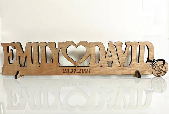 Personalised bespoke love heart laser cut engraved wood name word desk table stand free standing wall door plaque sign logo design service