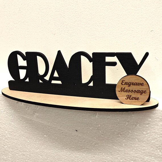 Black personalised custom made laser cut engraved wood wooden letter name word number desk table stand plaque sign logo design office home