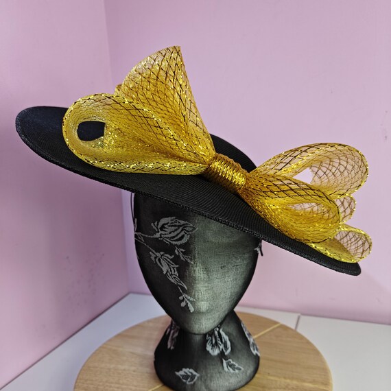black gold yellow large fascinator millinery burlesque wedding hat headband party race cosplay handmade Kentucky Derby Royal Ascot