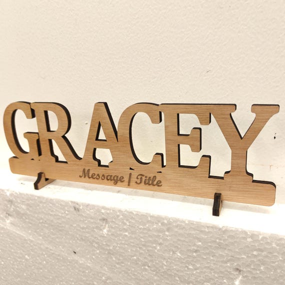 Personalised bespoke custom made laser cut engraved wood name word desk table stand free standing wall door plaque  sign logo design service