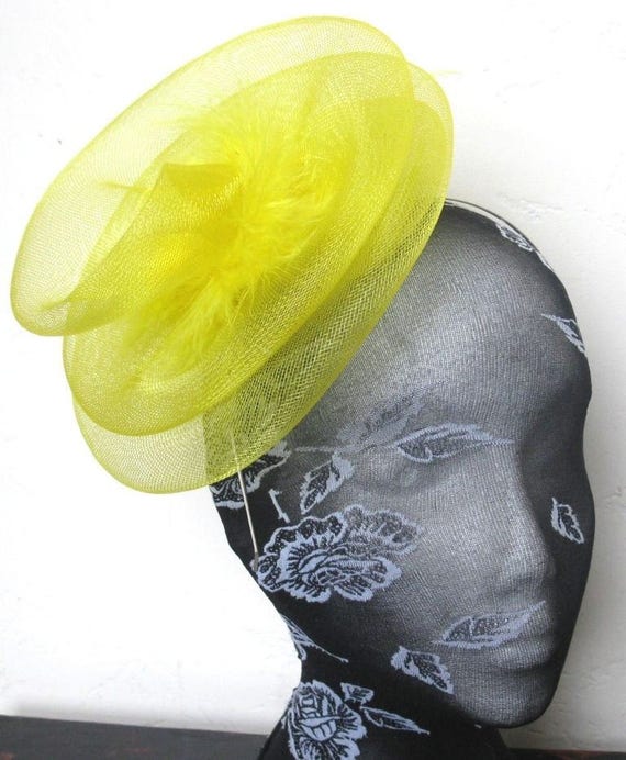 yellow feather fascinator millinery burlesque headband wedding hat hair piece