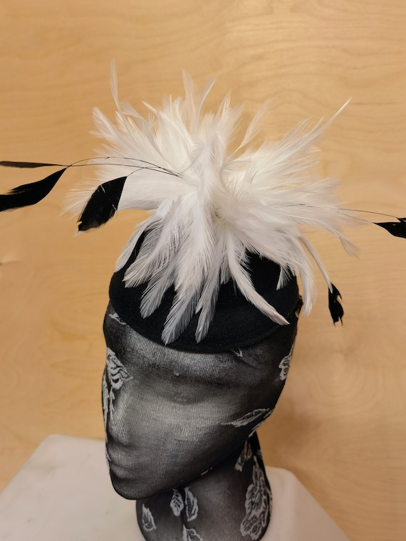 White black feather black pill box hat fascinator millinery burlesque hair clip hen party bridal ascot race fancy dress British