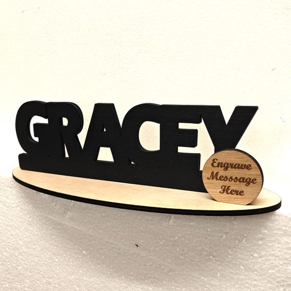 Black personalised custom made laser cut engraved wood wooden letter name word number desk table stand plaque sign logo design office home
