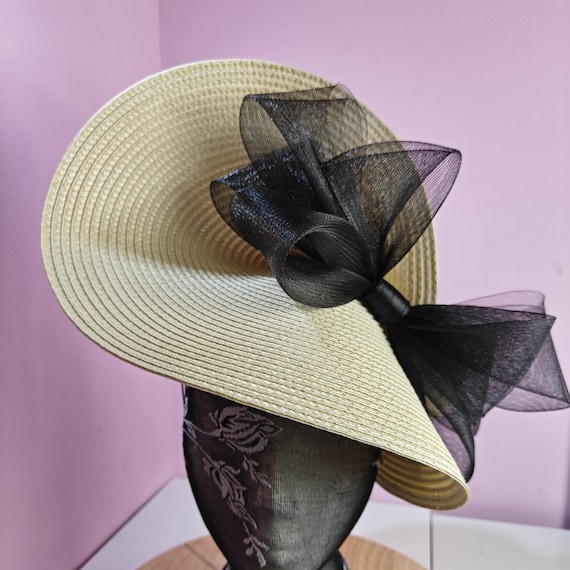 cream ivory black bow large straw fascinator millinery burlesque wedding hat headband party race cosplay handmade Kentucky Derby Royal Ascot