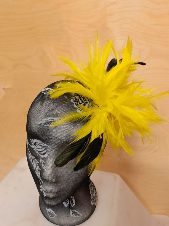 Yellow black feather fascinator millinery burlesque hair clip brooch hen party bridal ascot race fancy dress british