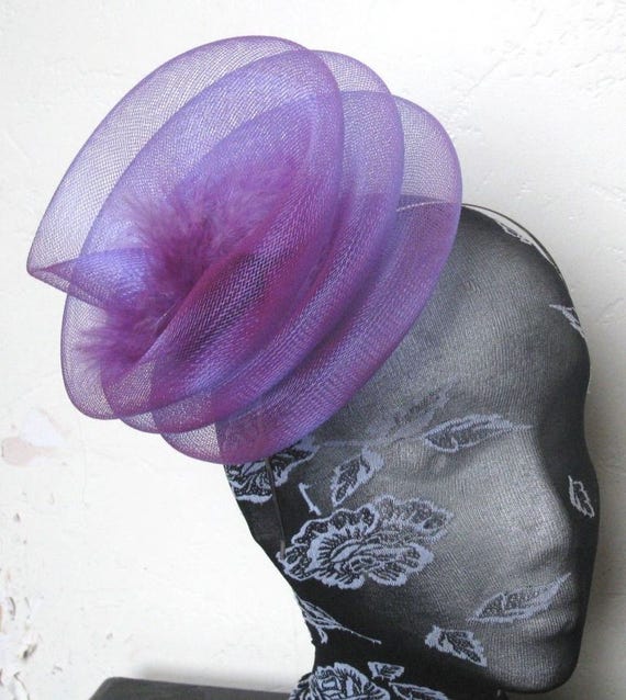 purple feather fascinator millinery burlesque headband wedding hat hair piece