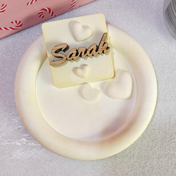 Custom hand made personalised bespoke real hard solid wood laser cut name word plaster gypsum jewellery coin trinket key tray dish plate