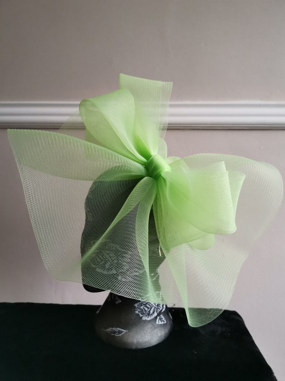 light pale apple green feather fascinator millinery burlesque headband wedding hat hair piece
