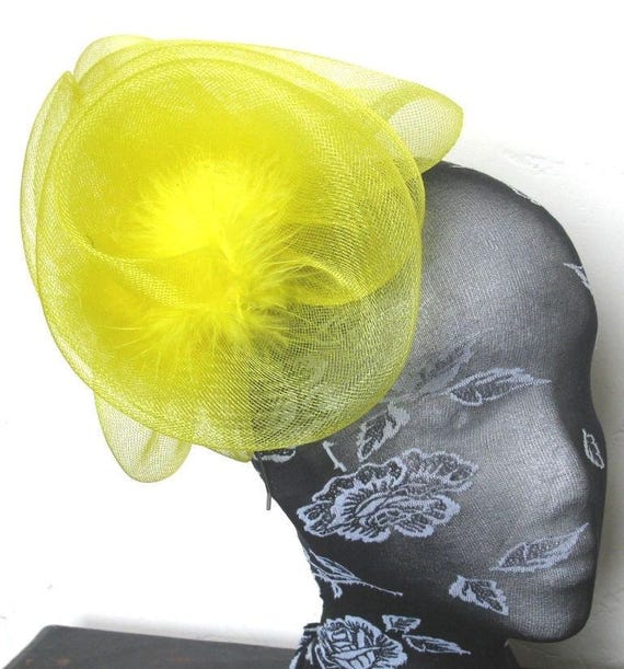 yellow feather fascinator millinery burlesque headband wedding hat hair piece