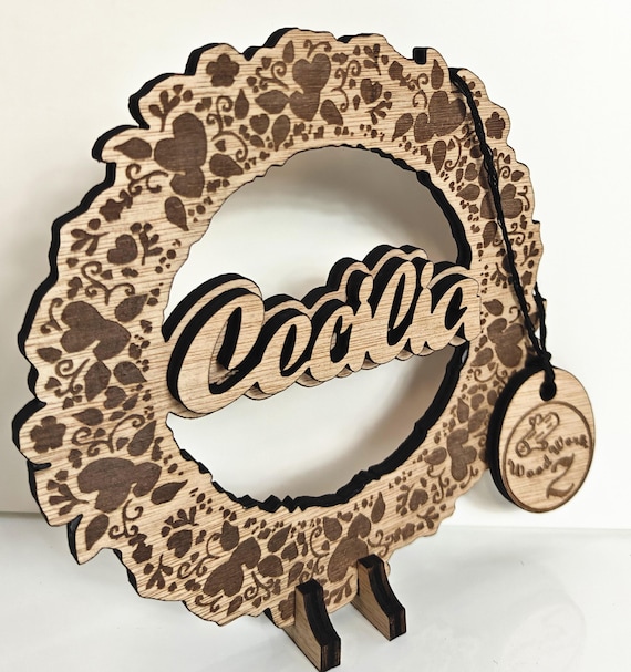 Personalised bespoke laser cut engrave wood name word desk table stand free standing wall door plaque birthday card sign logo design service