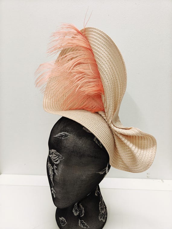 coral peach nude pink large straw fascinator millinery burlesque wedding hat on headband ascot party race cosplay handmade unique design