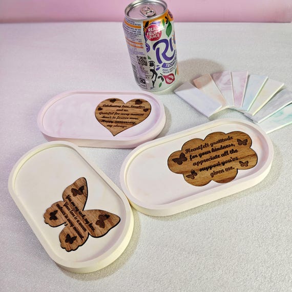 Custom hand made personalised bespoke real hard solid wood laser cut engraving plaster gypsum eco resin casting jewellery trinket tray dish