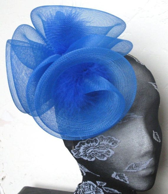 blue feather fascinator millinery burlesque headband wedding hat hair piece