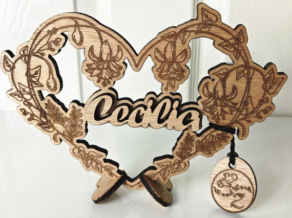 Personalised bespoke laser cut engrave heart wood name word desk table stand free standing wall door plaque card sign logo design service