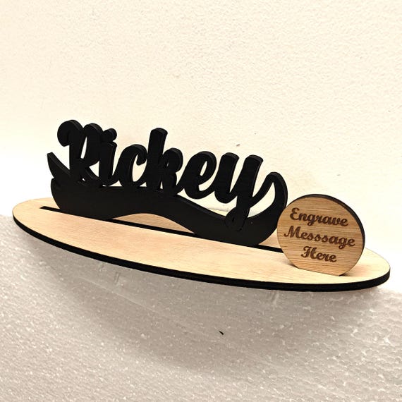 Black personalised custom made laser cut engraved wood wooden letter name word number desk table stand plaque sign logo design office home