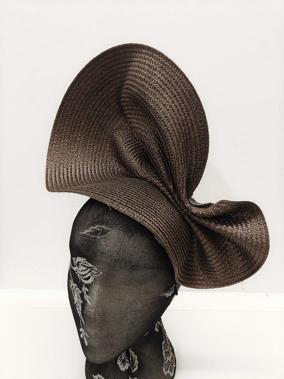 dark brown large straw fascinator millinery burlesque wedding hat on headband ascot party race cosplay handmade unique design