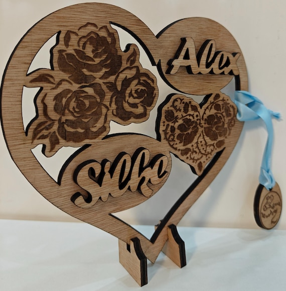 Personalised custom made laser cut engraved wood name word desk table stand free standing wall plaque birthday card sign logo design service