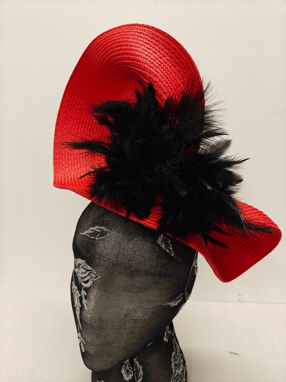 red black large straw fascinator flower millinery burlesque wedding hat on headband ascot party race cosplay handmade unique design