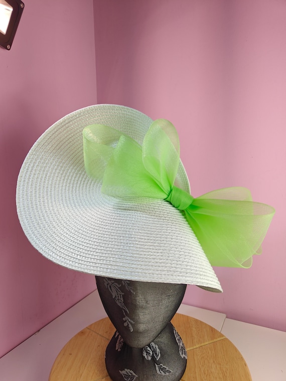 white green straw crinoline bow fascinator millinery burlesque wedding hat on headband royal ascot party house race cosplay Kentucky derby