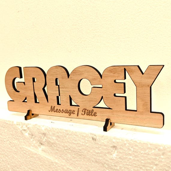 Personalised bespoke custom made laser cut engraved wood name word desk table stand free standing wall door plaque  sign logo design service