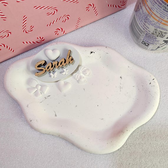 Custom hand made personalised bespoke real hard solid wood laser cut name word plaster gypsum jewellery coin trinket key tray dish plate
