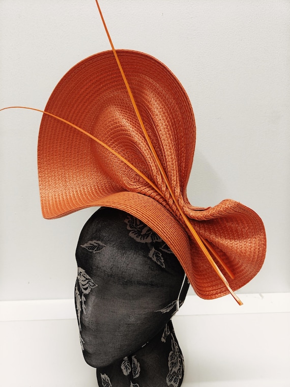 orange large straw fascinator millinery burlesque wedding hat on headband ascot party race cosplay handmade unique design