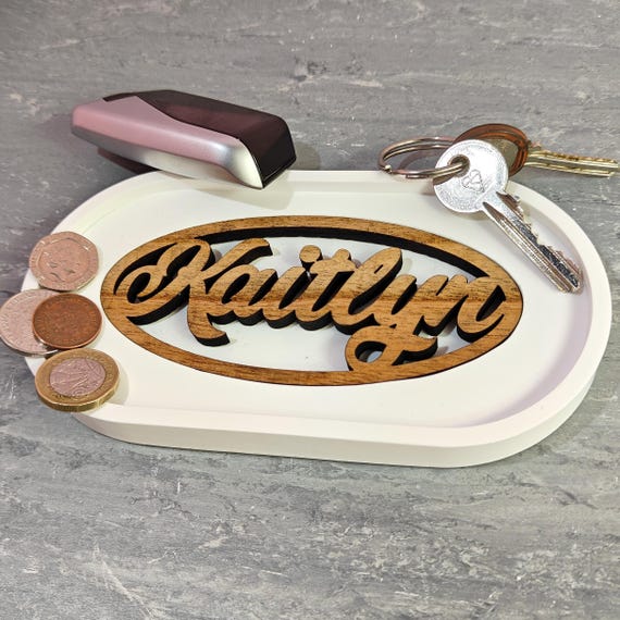 Custom hand made personalised bespoke real hard solid wood laser cut name word plaster gypsum jewellery coin trinket key tray dish plate