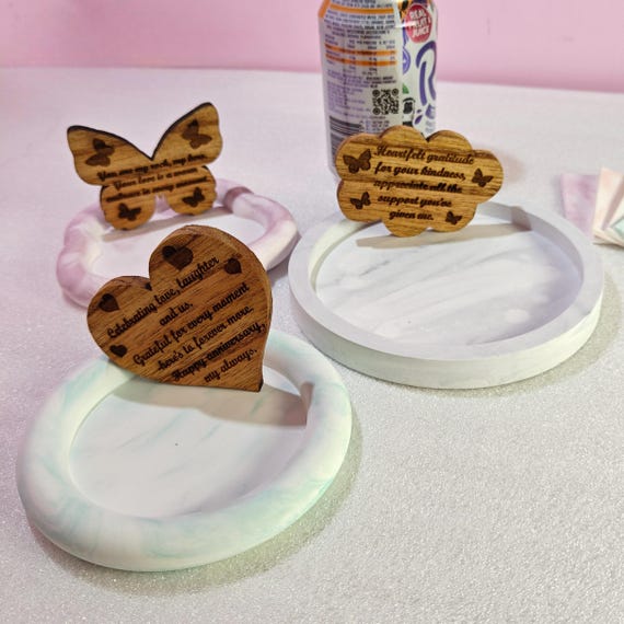 Custom hand made personalised bespoke real hard solid wood laser cut engraving plaster gypsum eco resin casting jewellery trinket tray dish