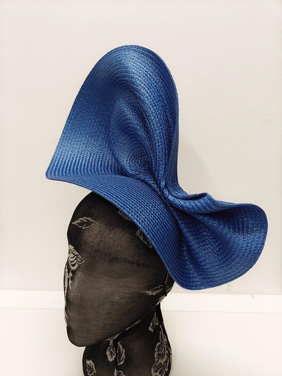 blue large straw fascinator millinery burlesque wedding hat on headband ascot party race cosplay handmade unique design