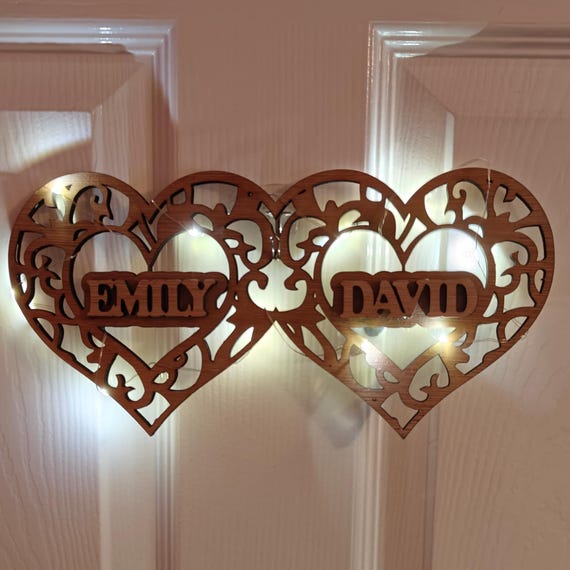 Personalised bespoke heart laser cut engraved wood name word desk table stand free standing wall door plaque sign logo design fairy light