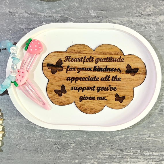 Custom hand made personalised bespoke real hard solid wood laser cut engraving plaster gypsum casting jewellery ring trinket key tray dish