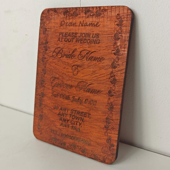 Custom made personalised real hard solid padauk wood laser engraving plaque card wedding invitation valentine anniversary Christmas gift