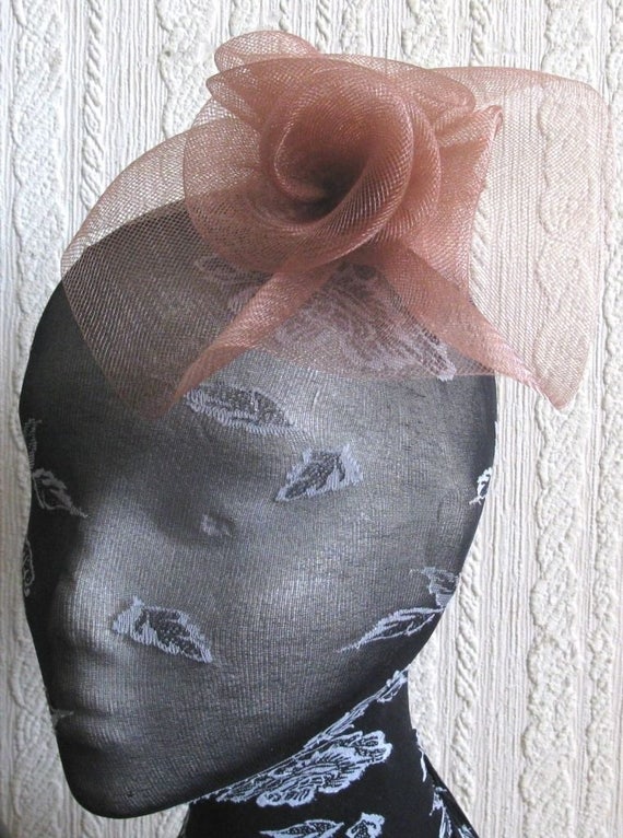 brown tan crin flower netting fascinator millinery burlesque hair clip brooch hen party bridal ascot race fancy dress british