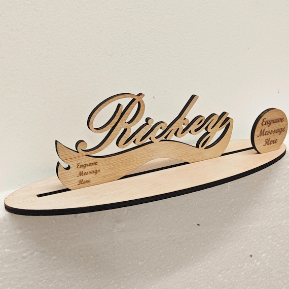 Personalised custom made laser cut engraved wood wooden letter name word number desk table stand plaque sign logo design office home wedding
