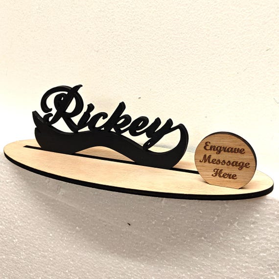 Black personalised custom made laser cut engraved wood wooden letter name word number desk table stand plaque sign logo design office home