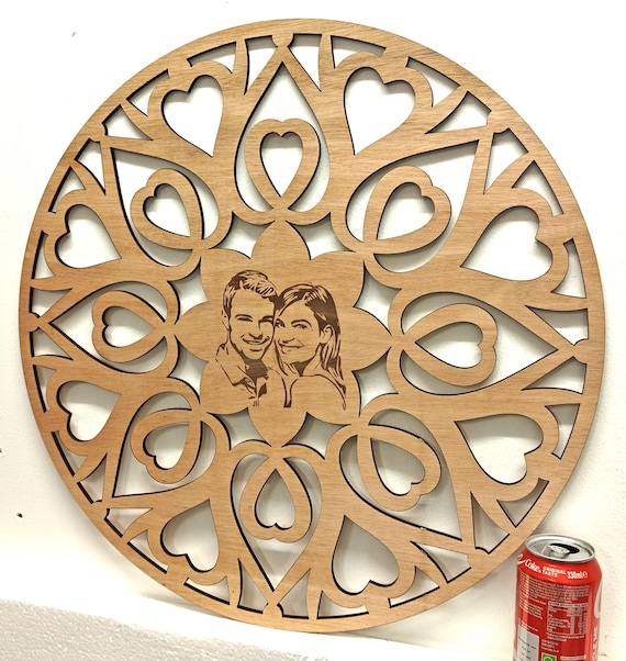 550mm personalised picture photo name message wooden mandala heart pattern round wall door decoration laser cut engraved home art wood sign