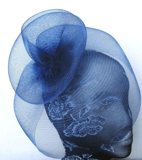 navy blue feather fascinator millinery burlesque headband wedding hat hair piece